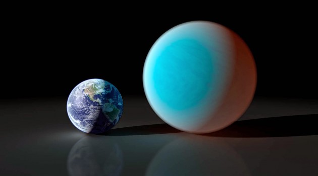 This artist's conception shows the super-Earth 55 Cancri e (right) compared to the Earth (left). Astronomers using a ground-based telescope have measure the transit of 55 Cancri e for the first time. It is the shallowest transit ever detected from the ground. (NASA/JPL image)